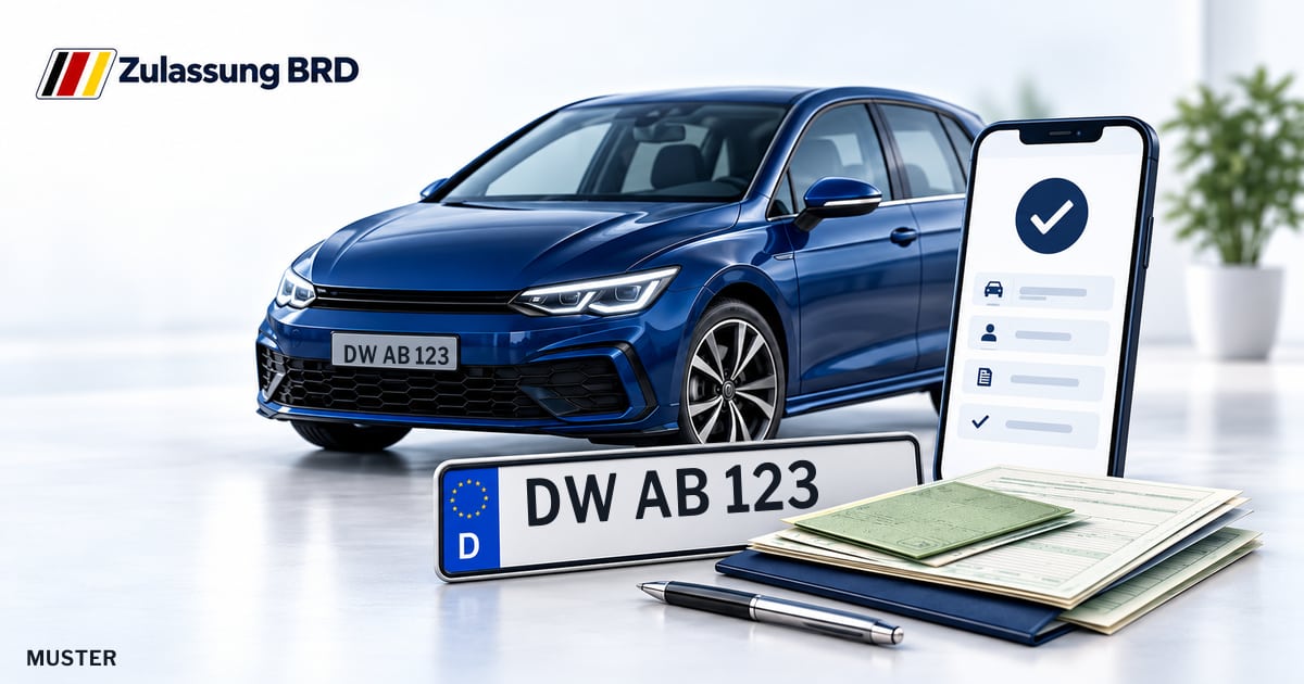 Online Fahrzeugzulassung in Dippoldiswalde: Musterkennzeichen DW AB 123, Auto und Fahrzeugpapiere und Smartphone. Illustration mit Logo von Zulassung BRD.